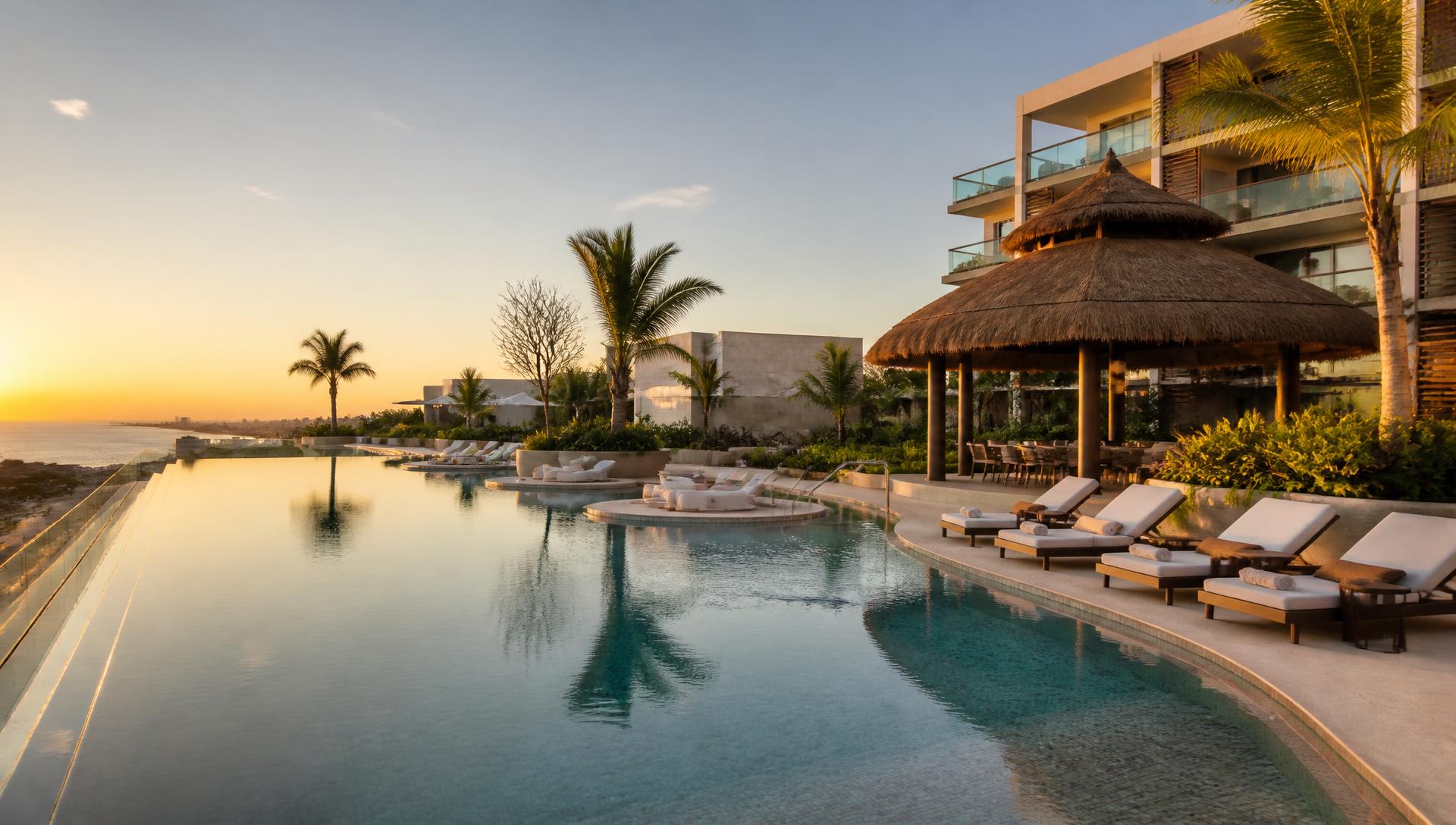 Amenidades de un desarrollo residencial premium al atardecer
